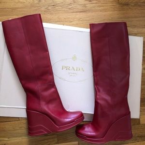 New Prada Vitello Leather Rubber-Wedge Knee Boot